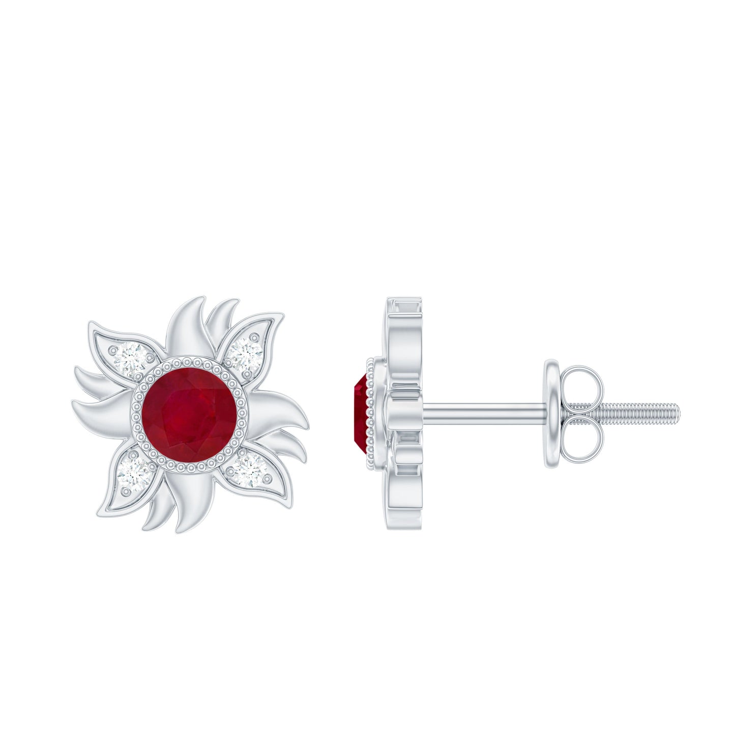 Real Ruby Diamond Sunburst Earrings with Screw Back