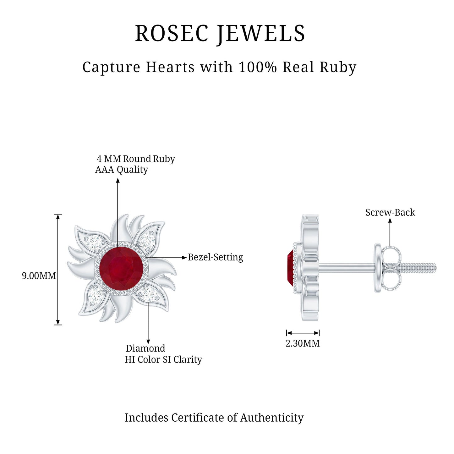 Real Ruby Diamond Sunburst Earrings with Screw Back