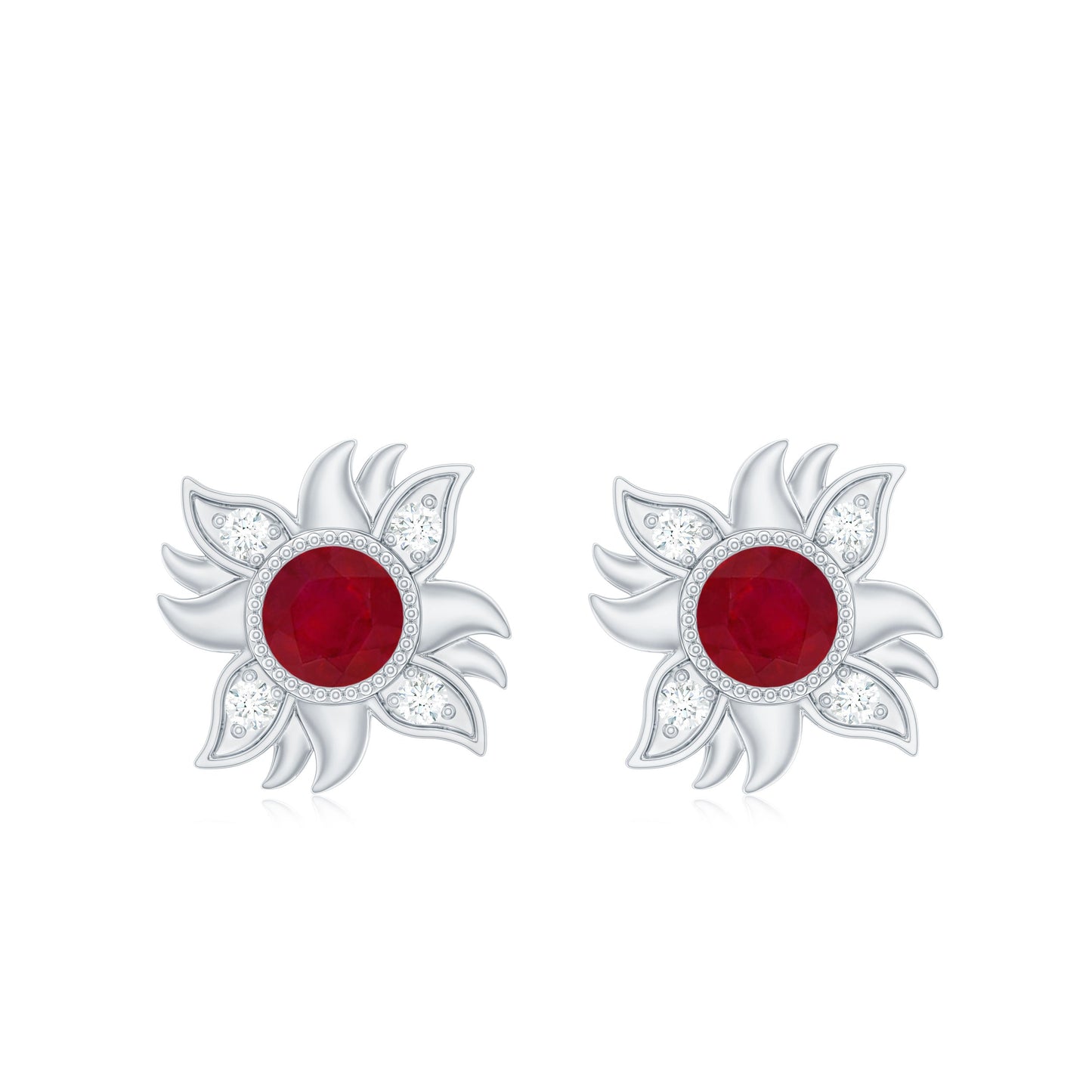 Real Ruby Diamond Sunburst Earrings with Screw Back