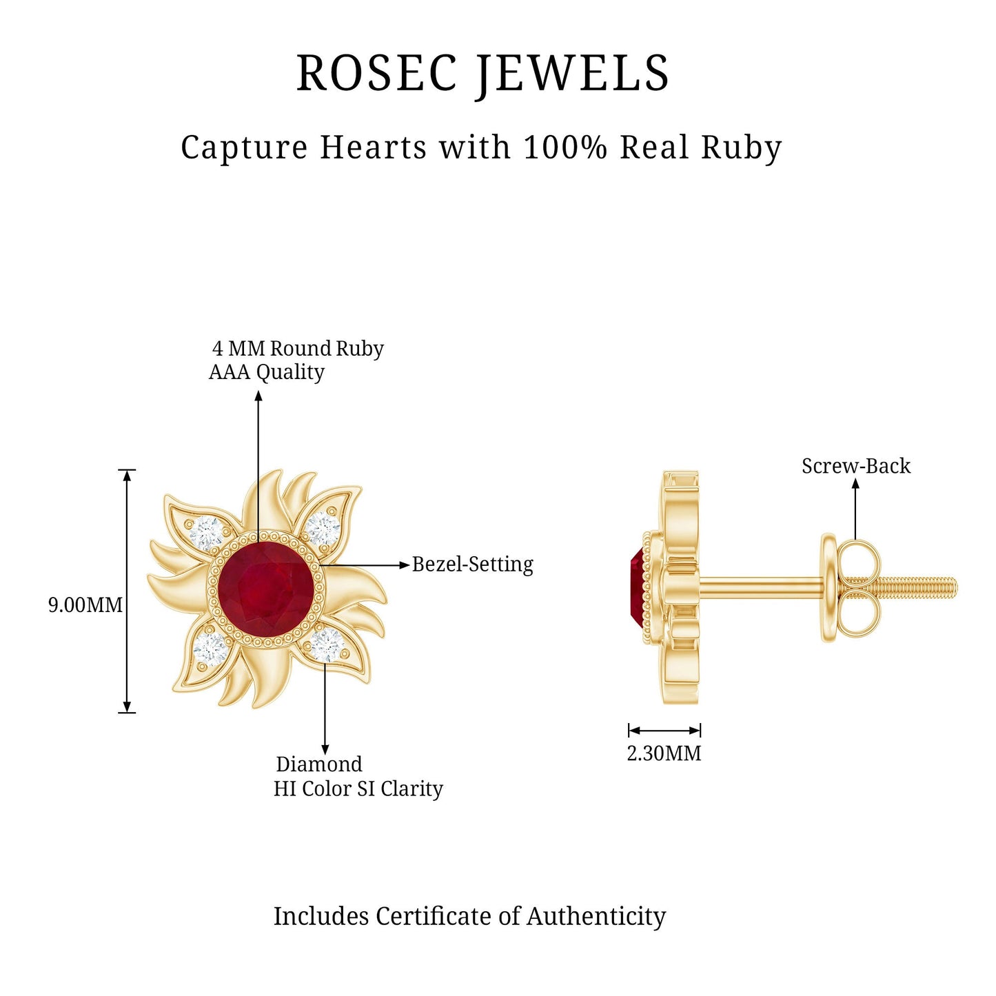 Real Ruby Diamond Sunburst Earrings with Screw Back