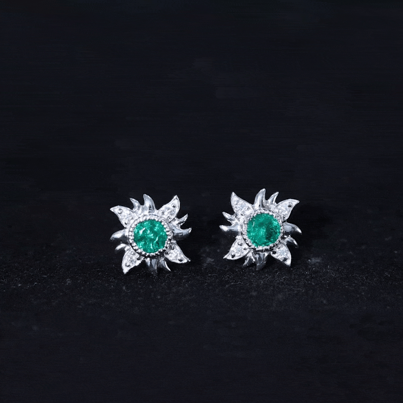 0.99 Carat Round Emerald and Diamond Sunburst Stud Earrings