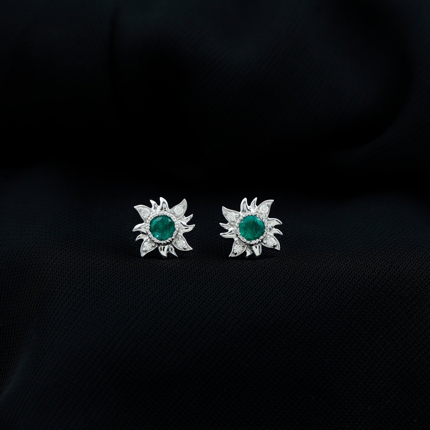 0.99 Carat Round Emerald and Diamond Sunburst Stud Earrings