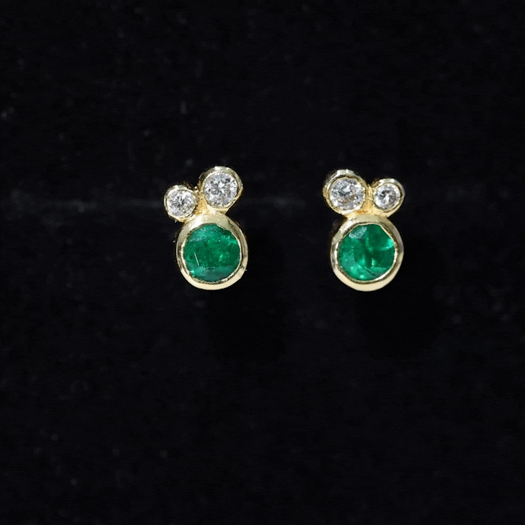 Real Emerald and Diamond Three Stone Stud Earrings