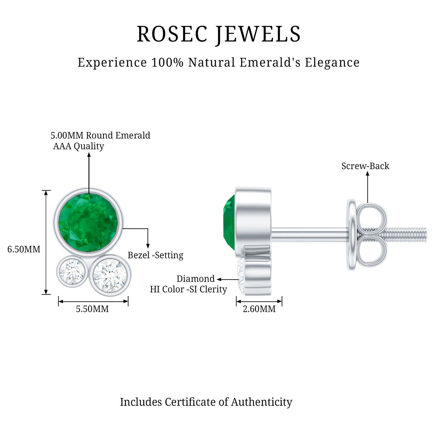Real Emerald and Diamond Three Stone Stud Earrings