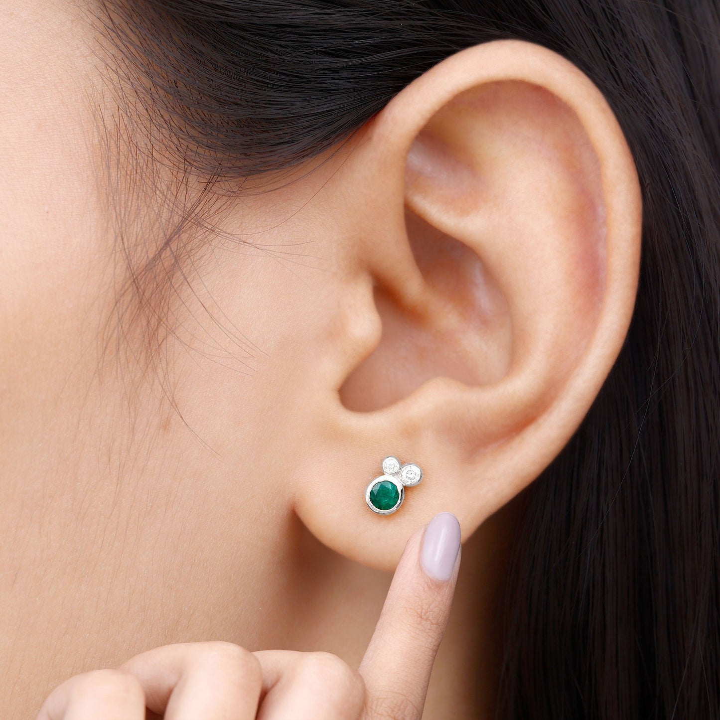 Real Emerald and Diamond Three Stone Stud Earrings