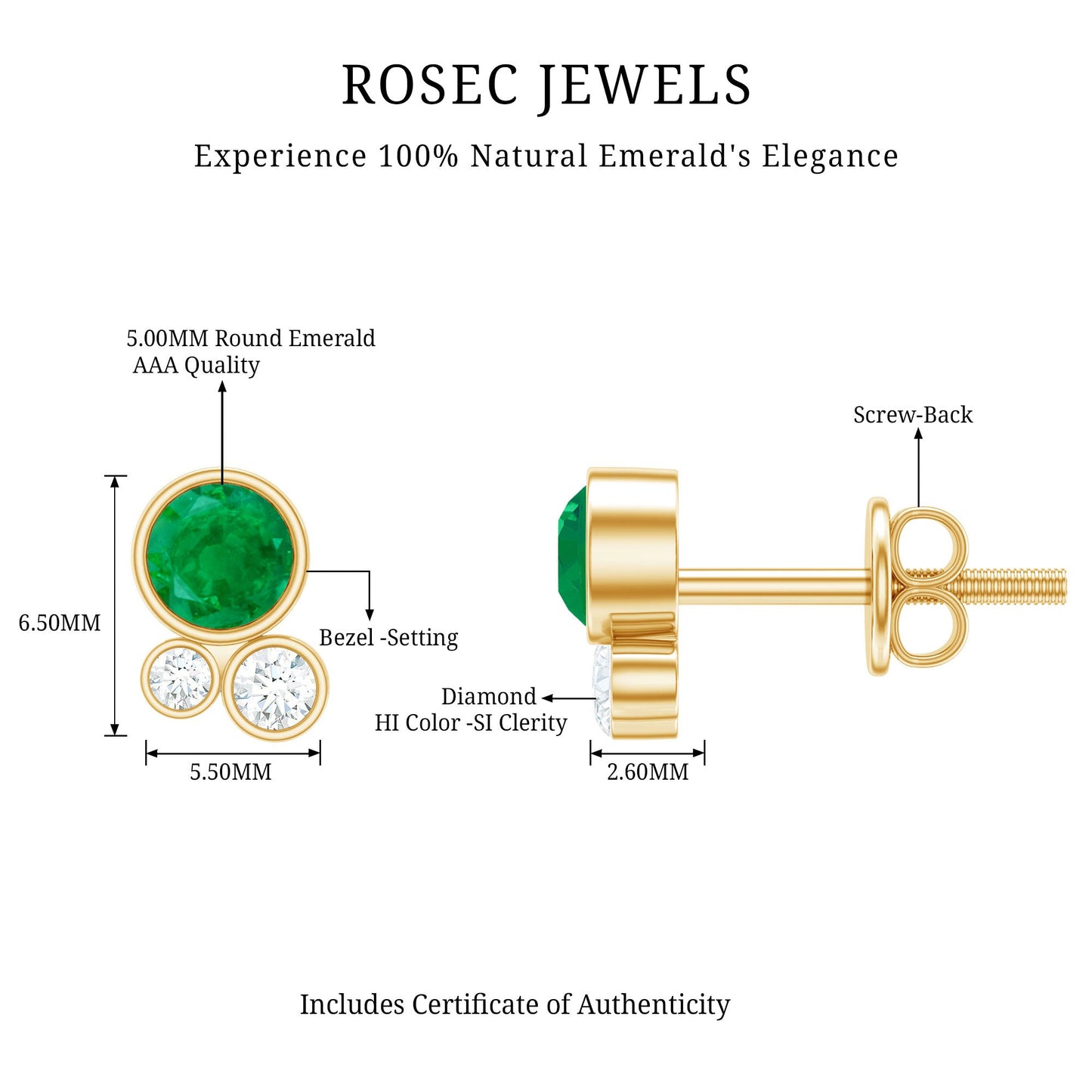 Real Emerald and Diamond Three Stone Stud Earrings