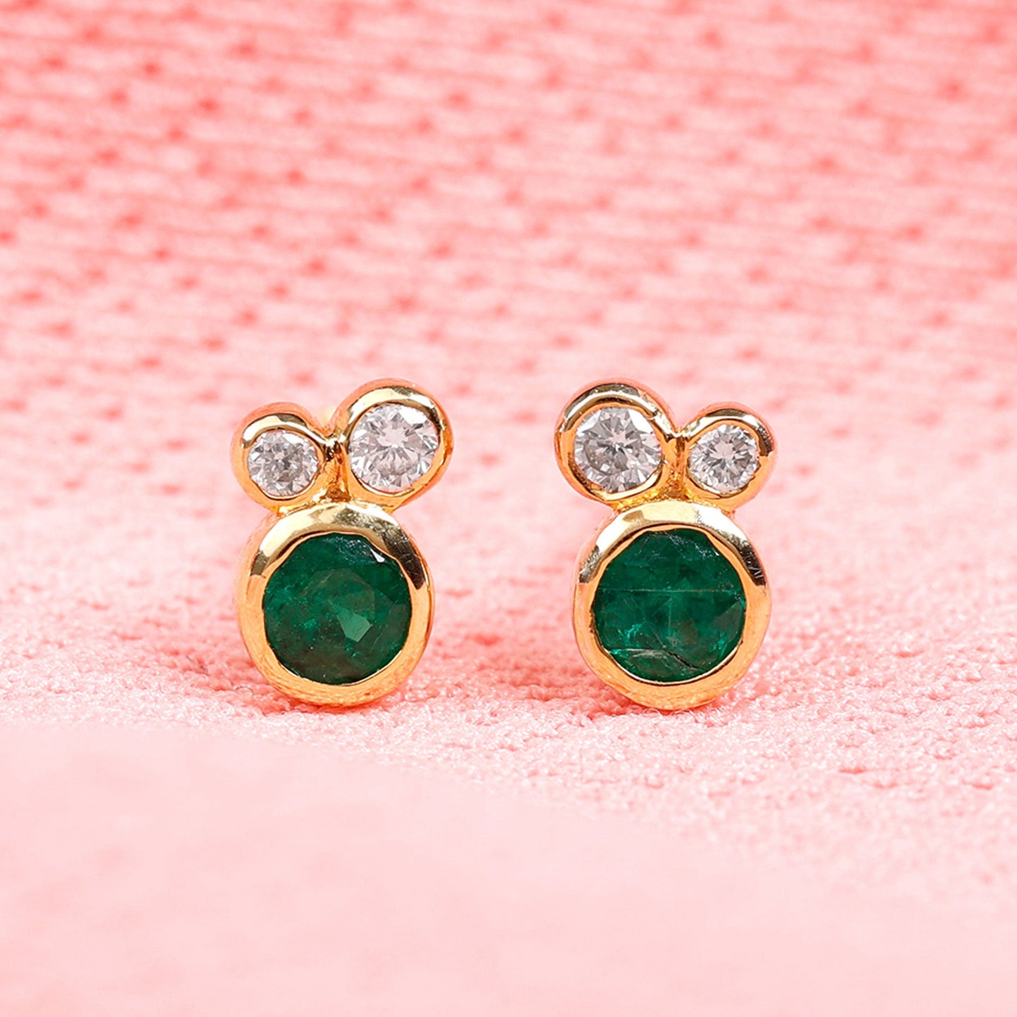 Real Emerald and Diamond Three Stone Stud Earrings