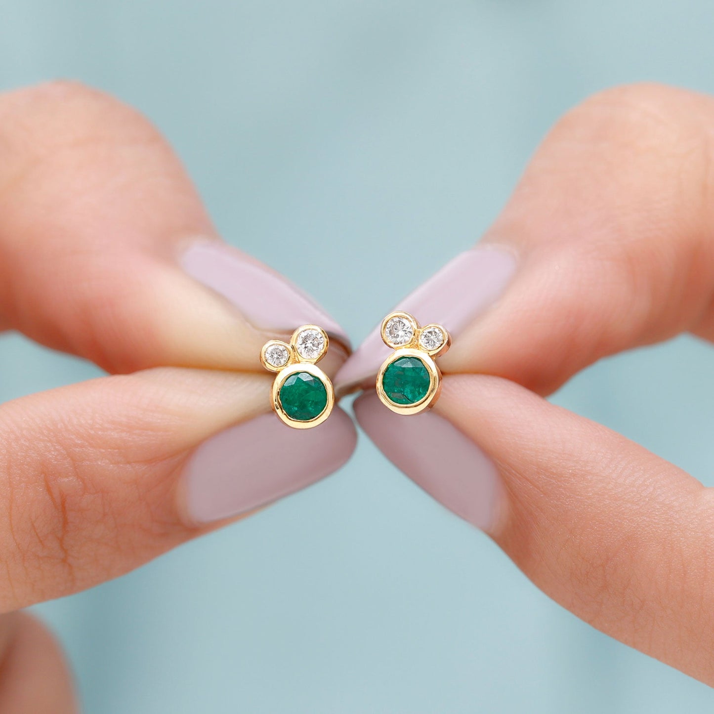 Real Emerald and Diamond Three Stone Stud Earrings