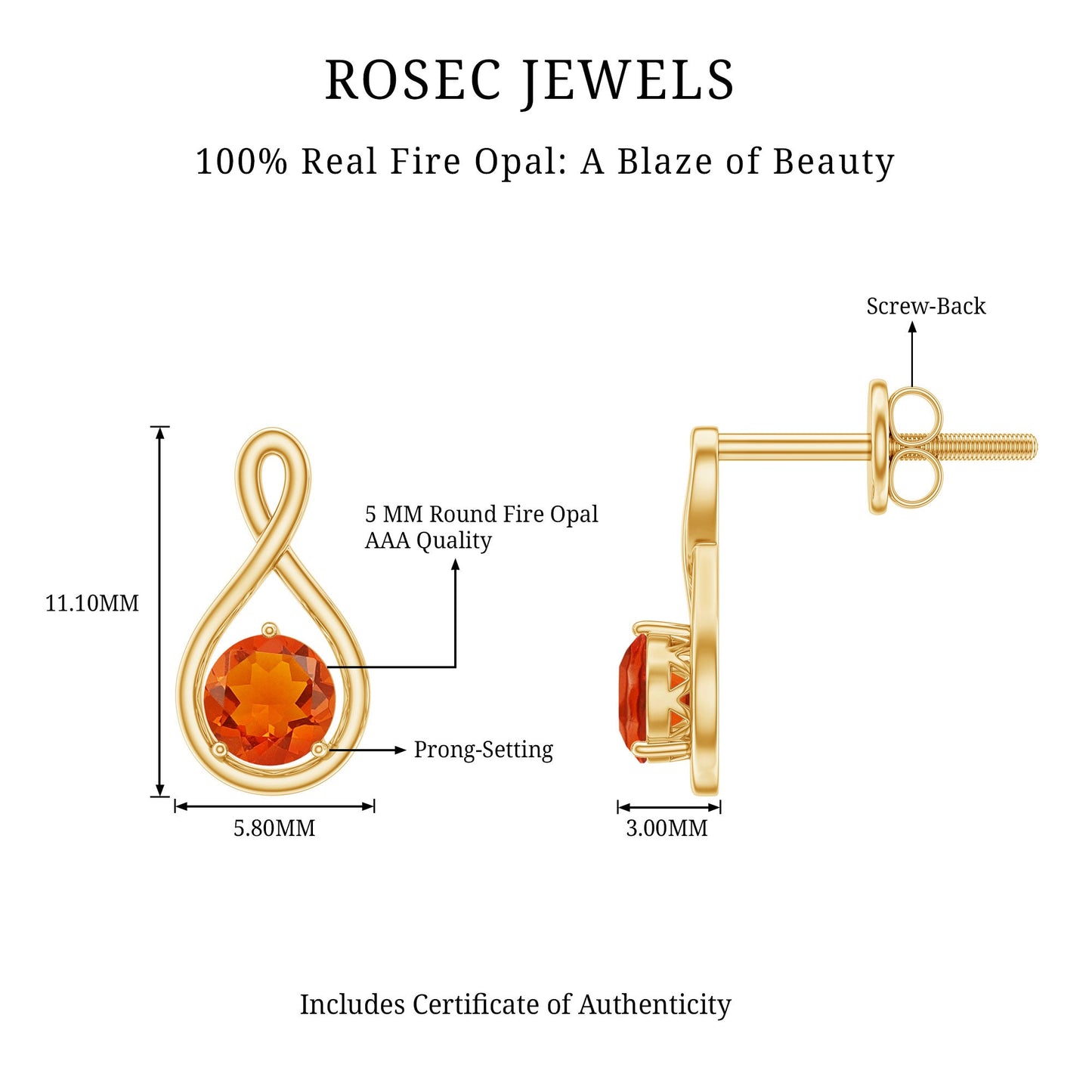 Round Cut Solitaire Fire Opal Infinity Stud Earrings