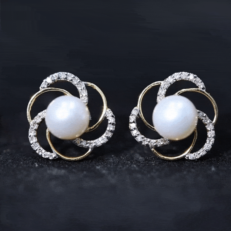Round Freshwater Pearl Big Stud Earrings with Diamonds