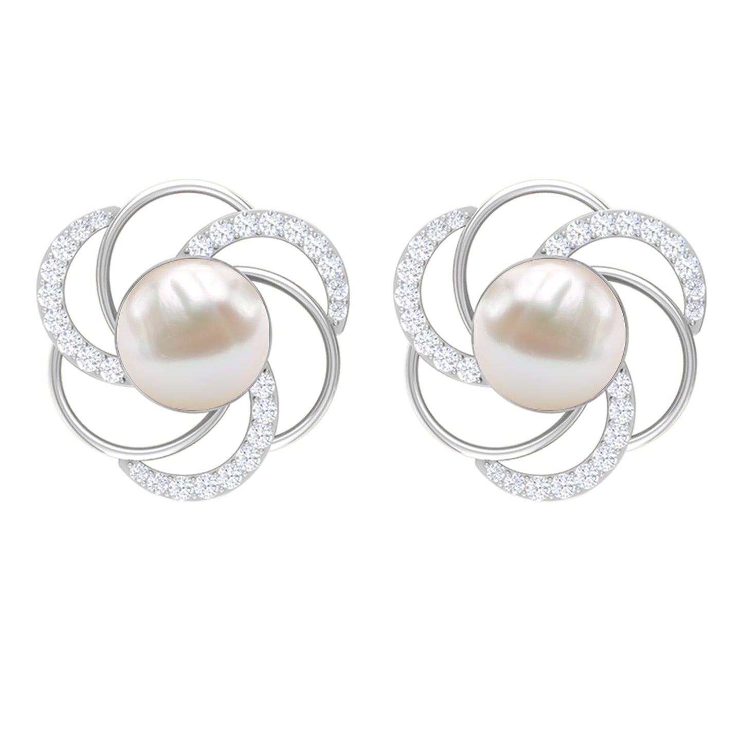 Round Freshwater Pearl Big Stud Earrings with Diamonds