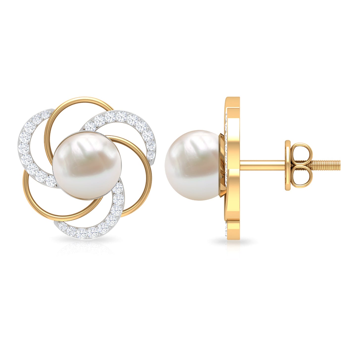 Round Freshwater Pearl Big Stud Earrings with Diamonds