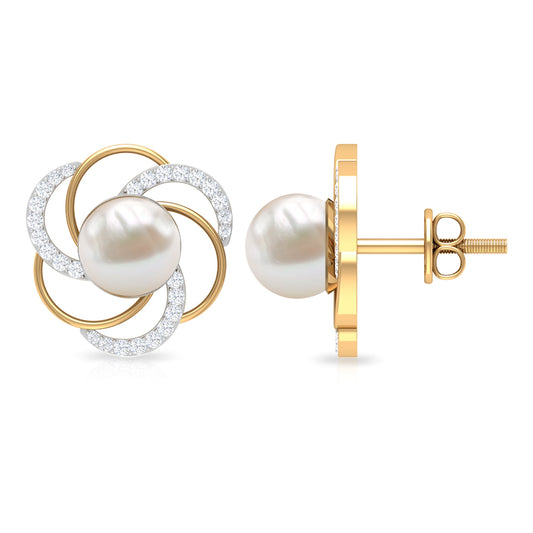 Round Freshwater Pearl Big Stud Earrings with Diamonds