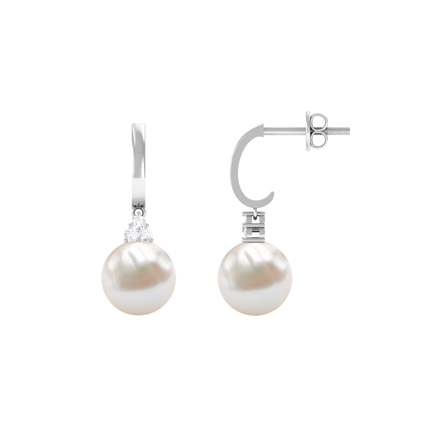 Round Freshwater Pearl and Diamond Hoop Drop Earrings
