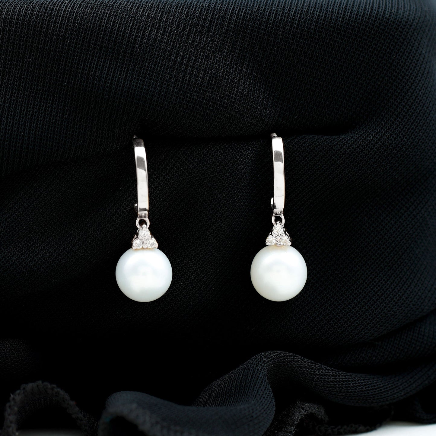 Round Freshwater Pearl and Diamond Hoop Drop Earrings
