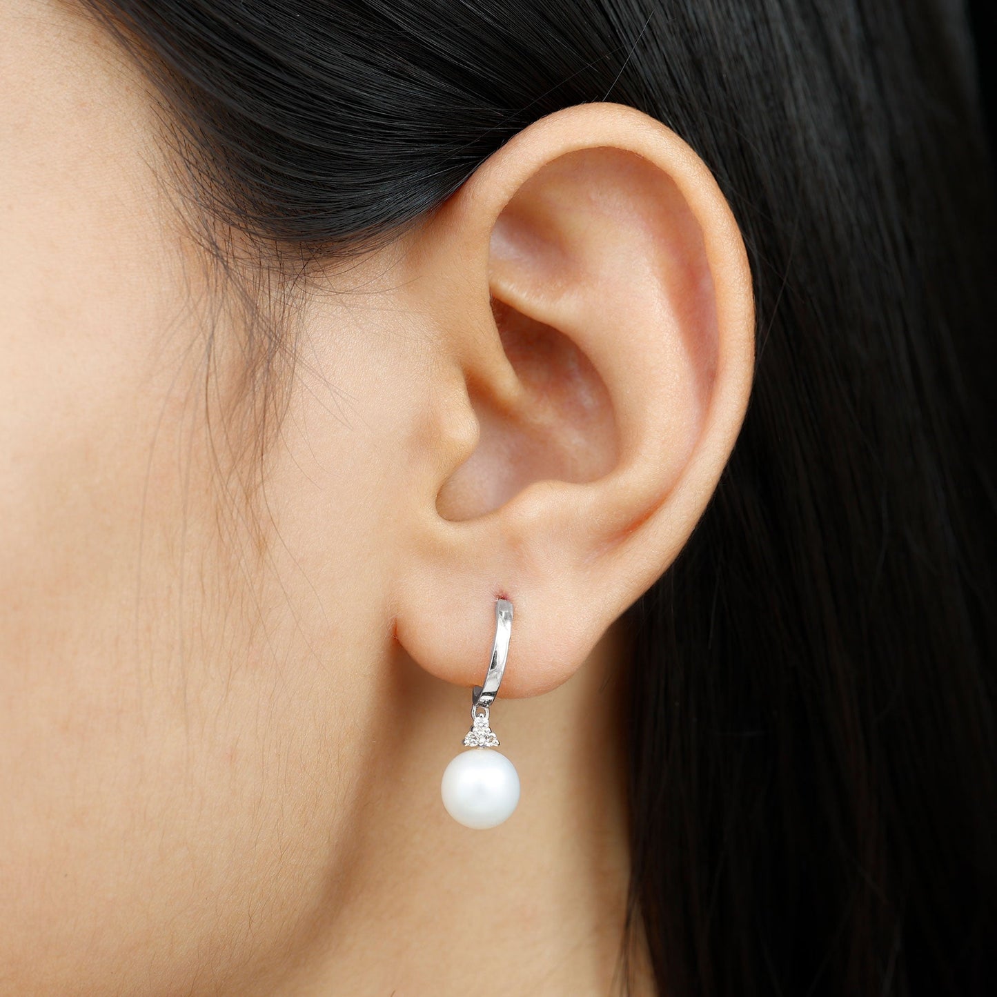 Round Freshwater Pearl and Diamond Hoop Drop Earrings