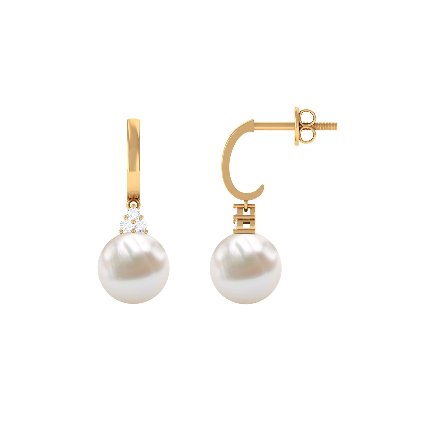Round Freshwater Pearl and Diamond Hoop Drop Earrings