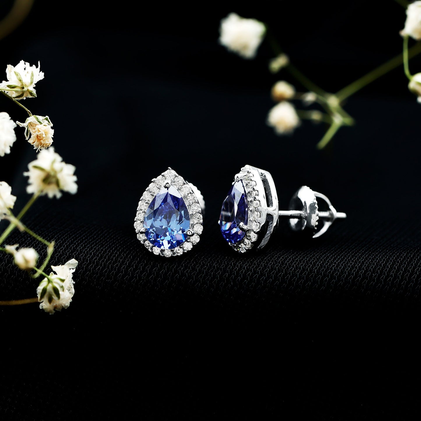 Lab Grown Blue Sapphire Teardrop Stud Earrings With Diamond Halo