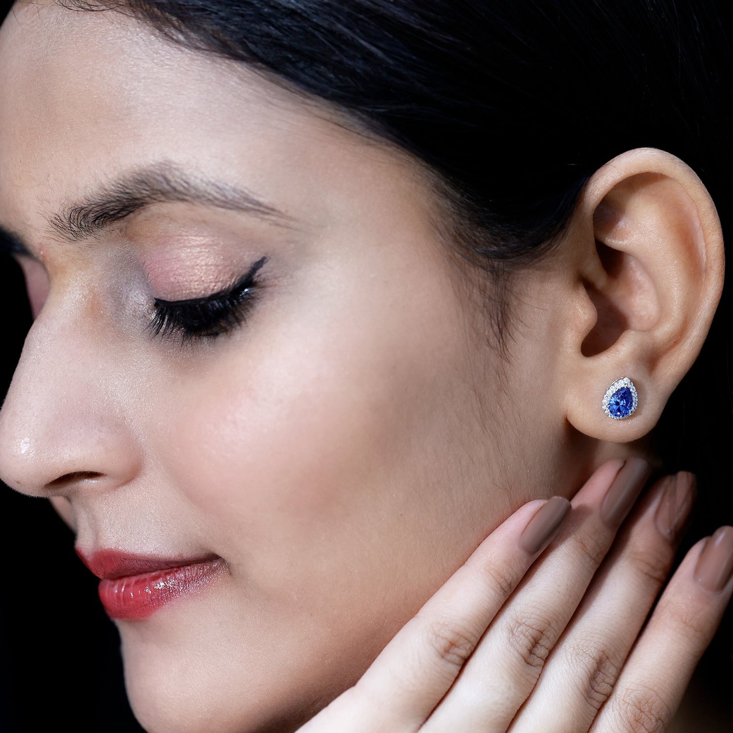 Lab Grown Blue Sapphire Teardrop Stud Earrings With Diamond Halo