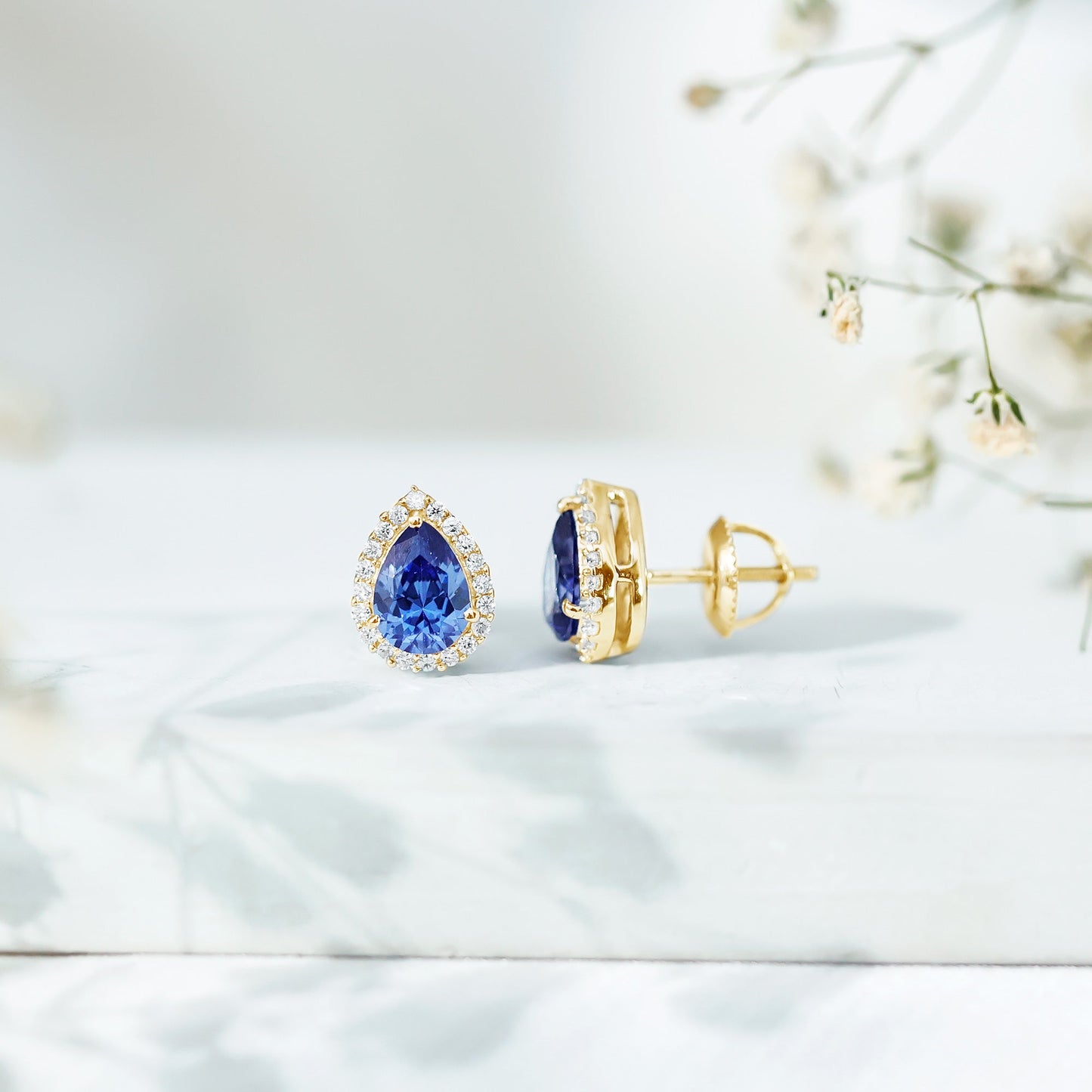 Lab Grown Blue Sapphire Teardrop Stud Earrings With Diamond Halo