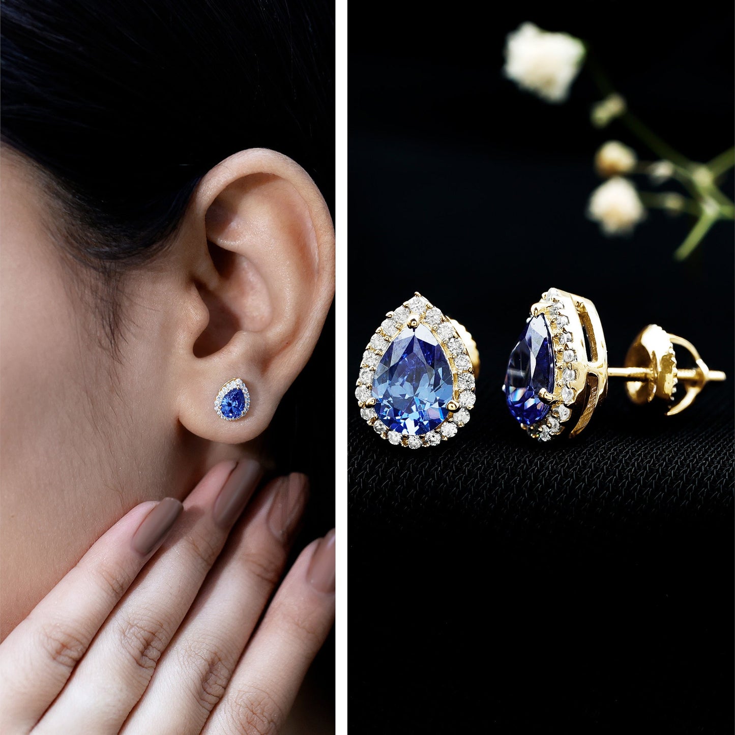Lab Grown Blue Sapphire Teardrop Stud Earrings With Diamond Halo