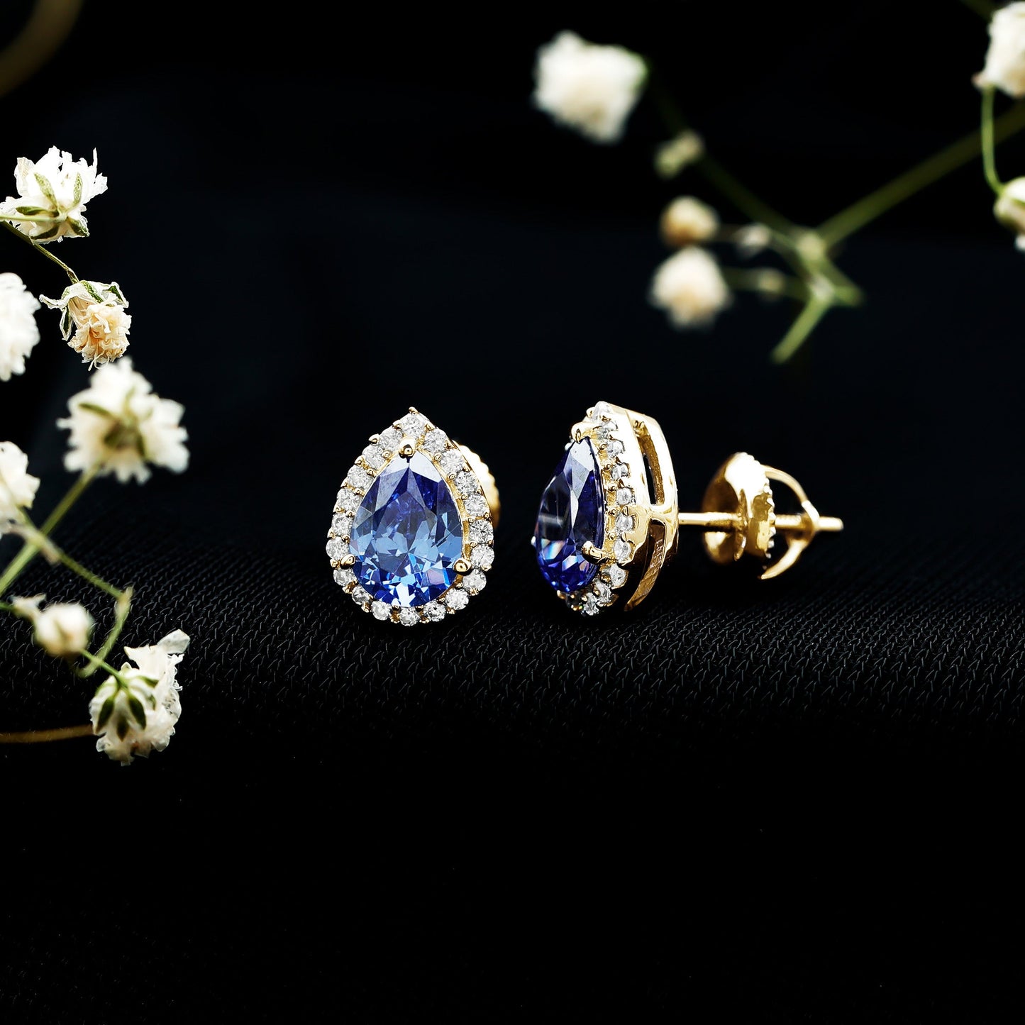 Lab Grown Blue Sapphire Teardrop Stud Earrings With Diamond Halo