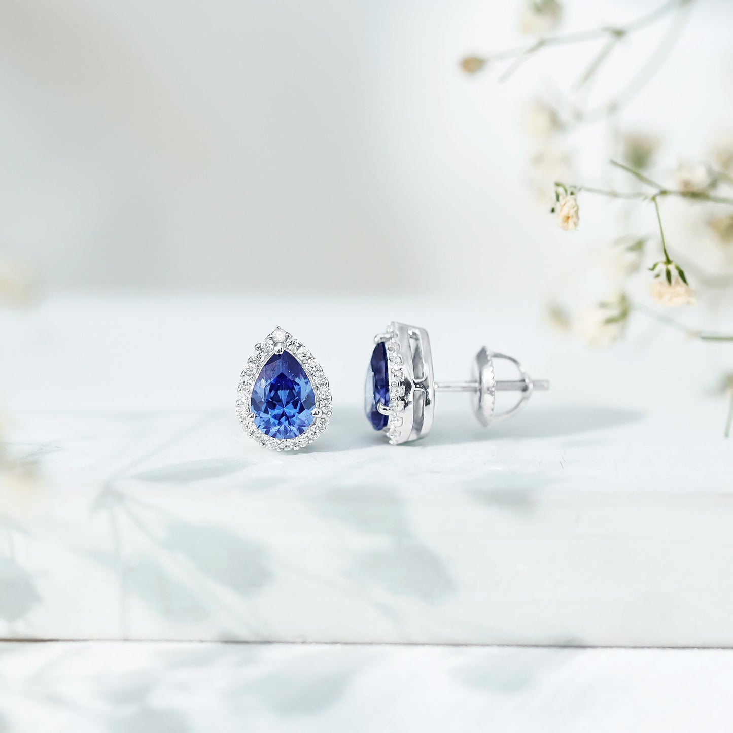 Lab Grown Blue Sapphire Teardrop Stud Earrings With Diamond Halo