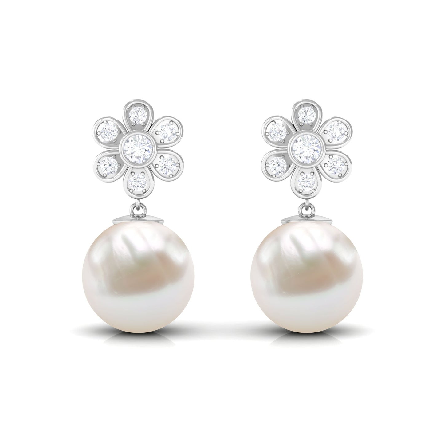 Cultured Freshwater Pearl Drop Earrings with Diamond Flower