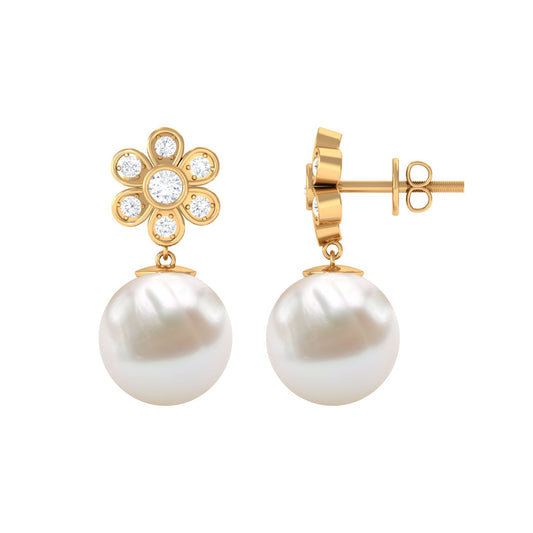 Cultured Freshwater Pearl Drop Earrings with Diamond Flower