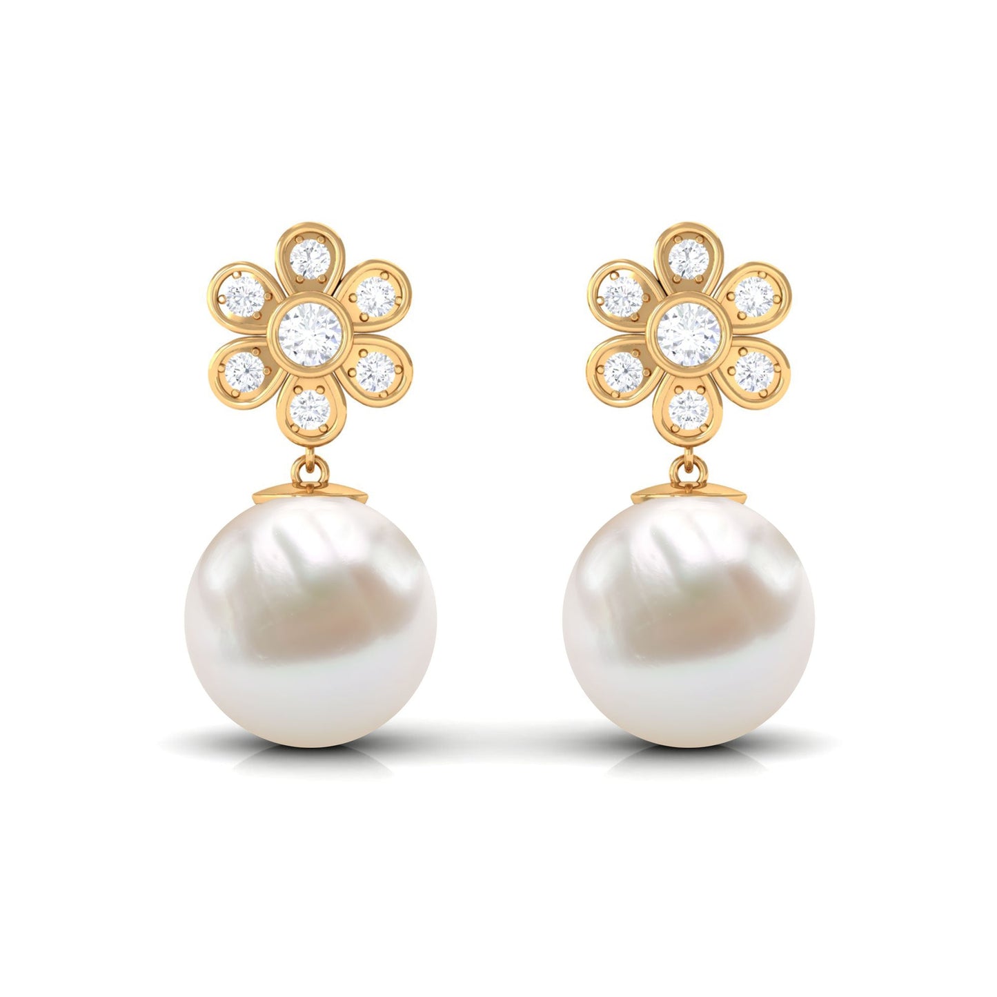 Cultured Freshwater Pearl Drop Earrings with Diamond Flower