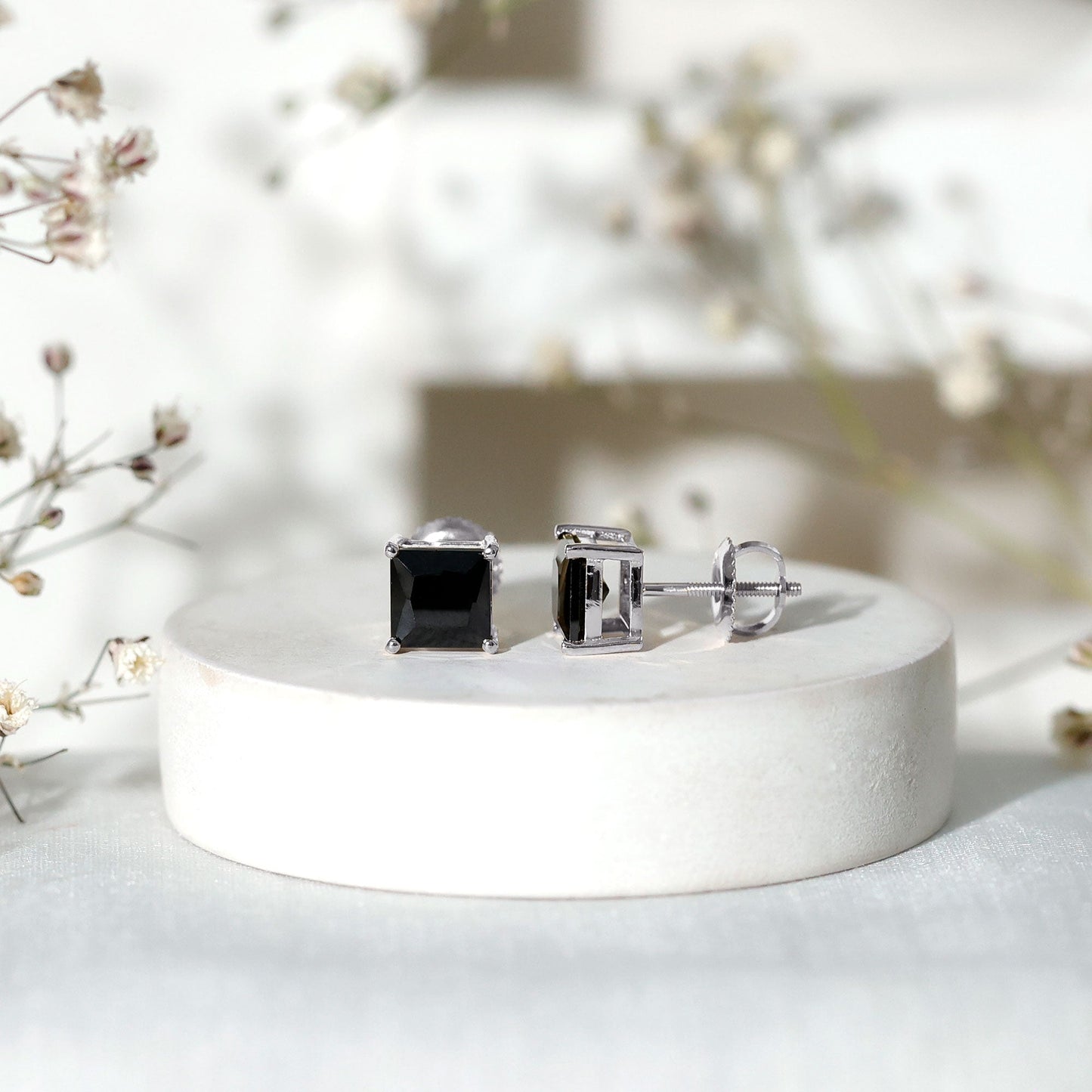 Natural Black Onyx Princess Cut Earrings with Screw Back