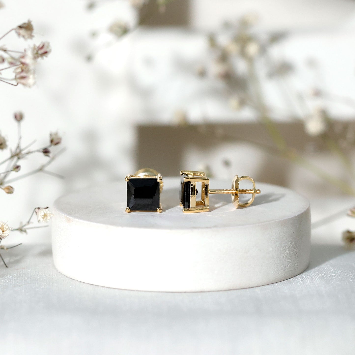 Natural Black Onyx Princess Cut Earrings with Screw Back