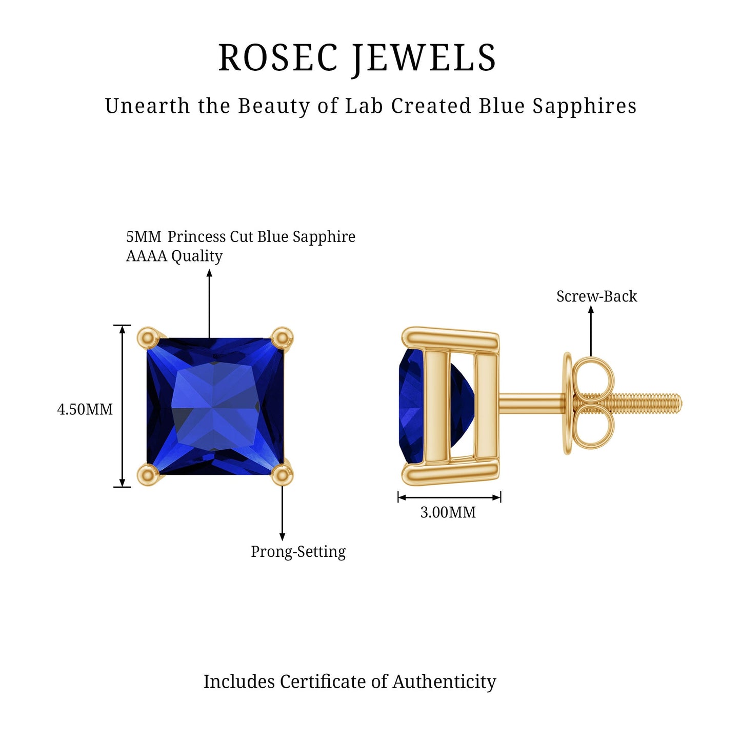 1.4 Carat Princess Cut Lab Created Blue Sapphire Solitaire Stud Earrings