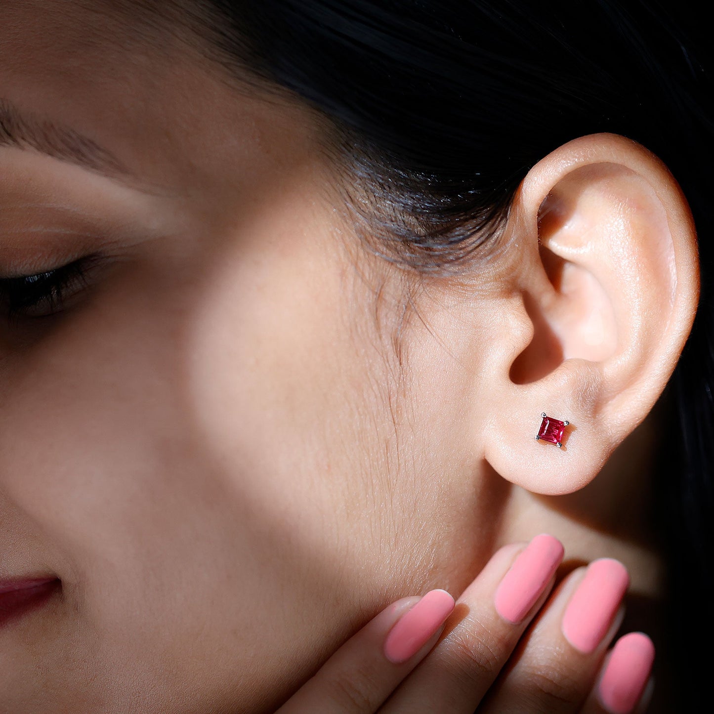 3 Carat Princess Cut Lab Created Ruby Solitaire Stud Earrings