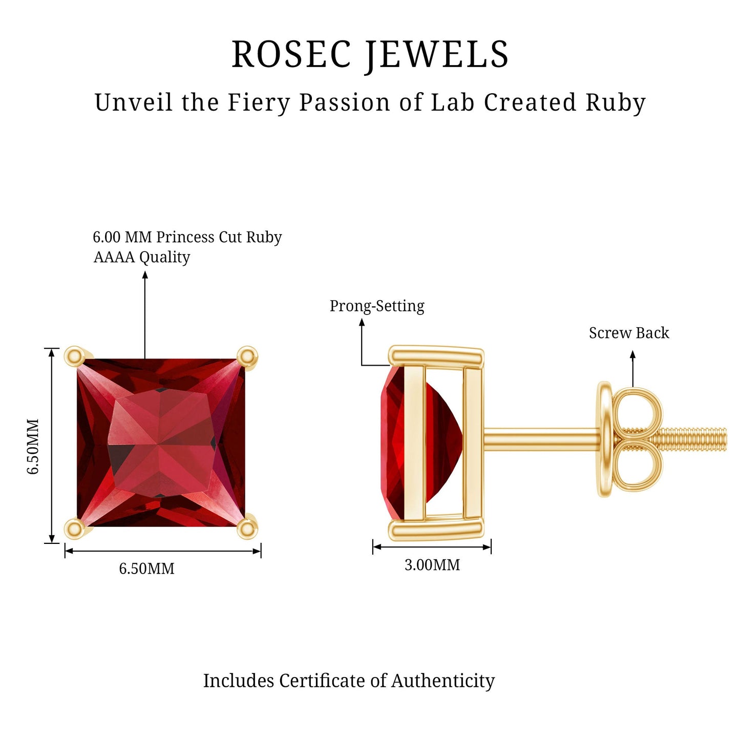 3 Carat Princess Cut Lab Created Ruby Solitaire Stud Earrings