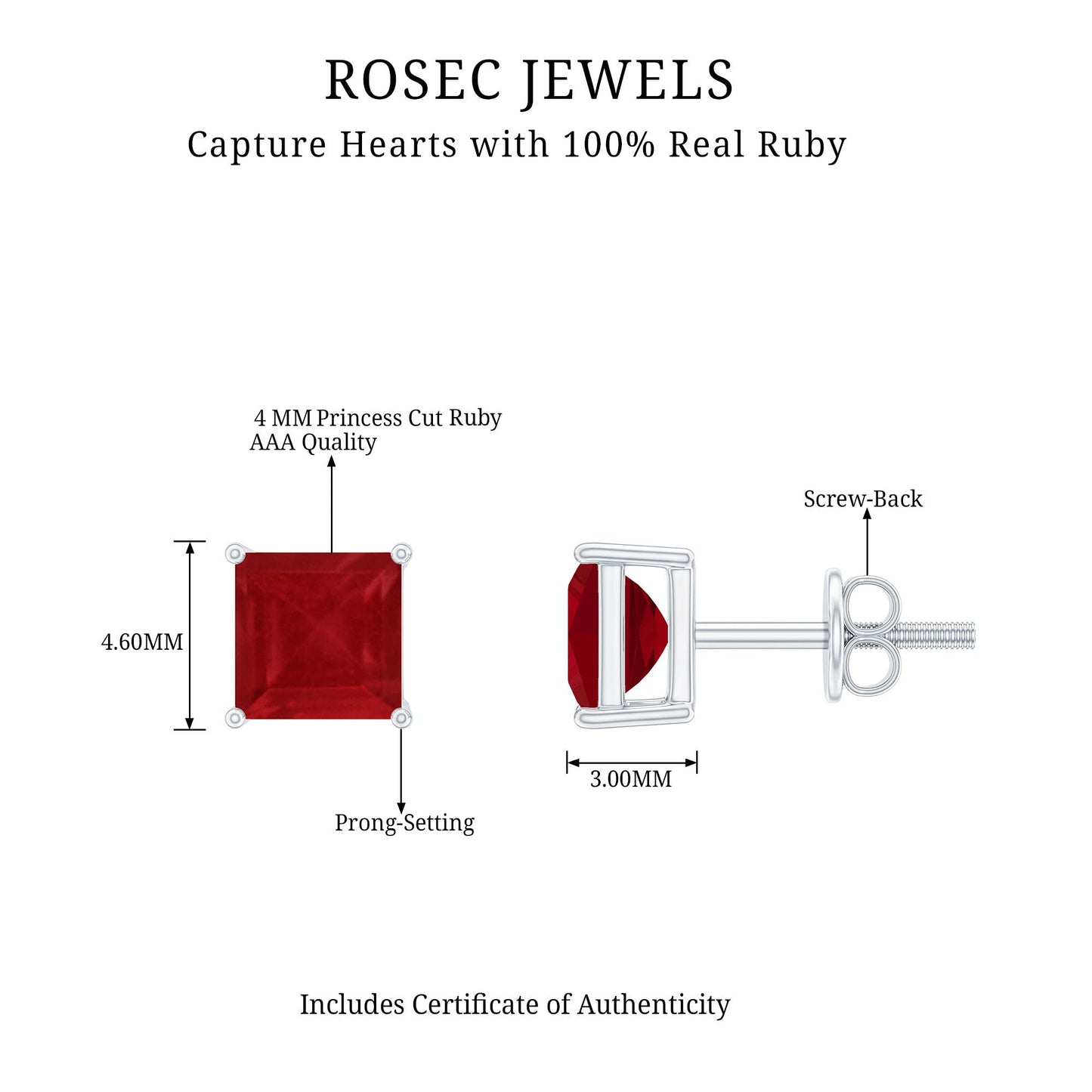 0.9 Carat Princess Cut Ruby Solitaire Stud Earrings