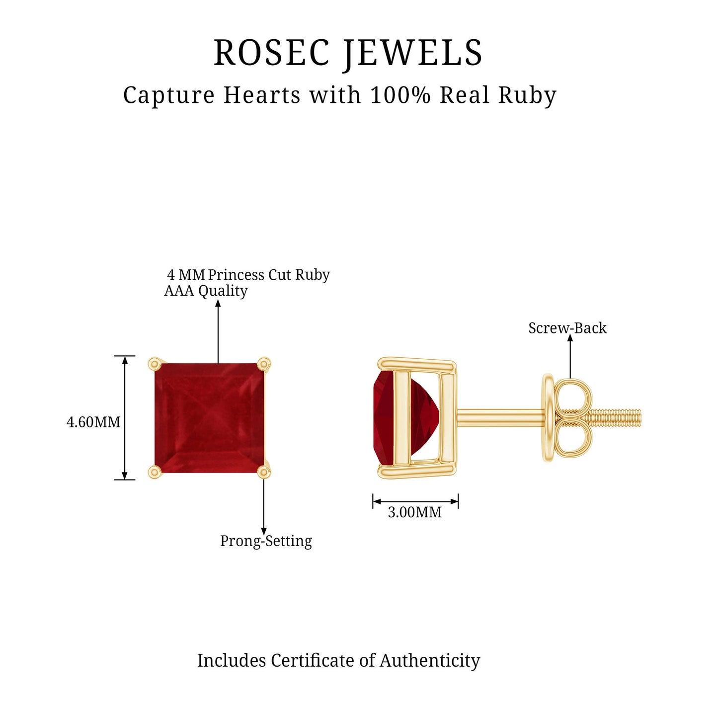 0.9 Carat Princess Cut Ruby Solitaire Stud Earrings
