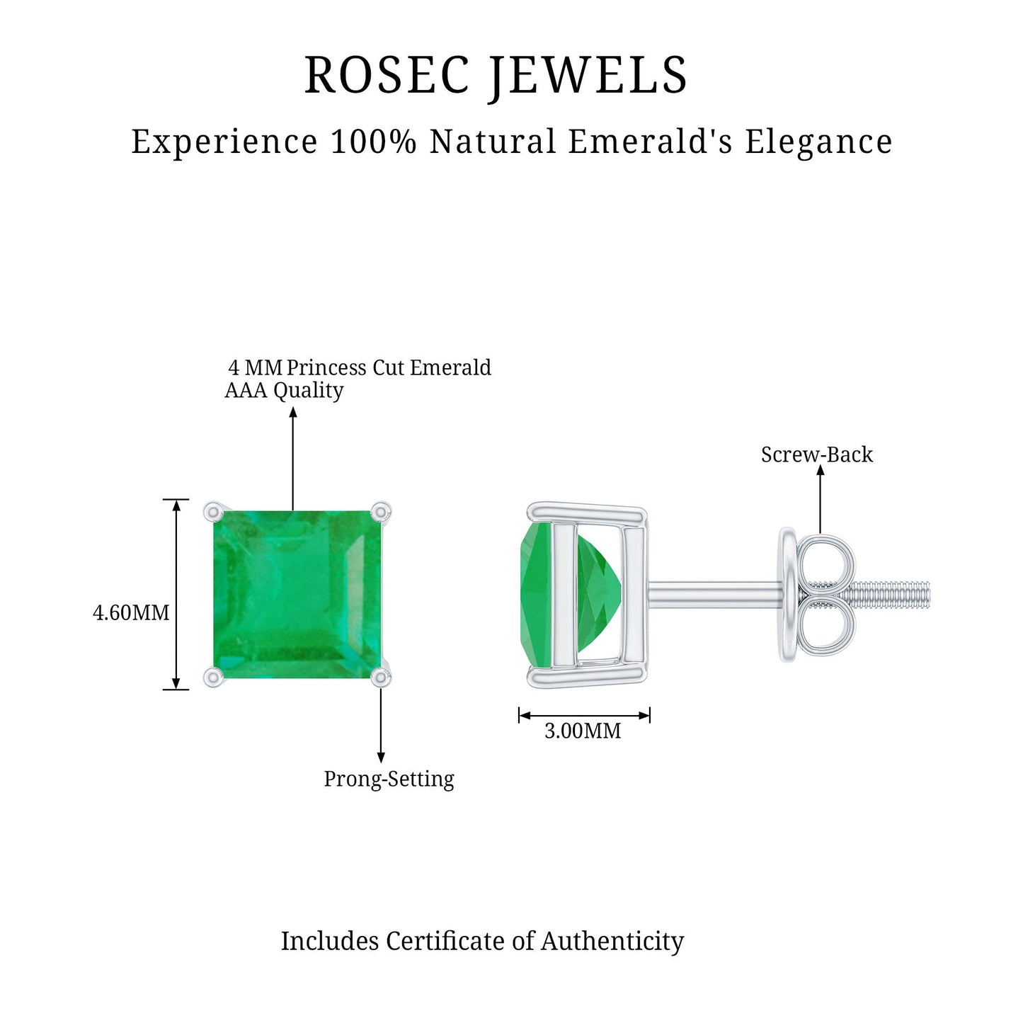 Princess Cut Natural Emerald Solitaire Stud Earrings