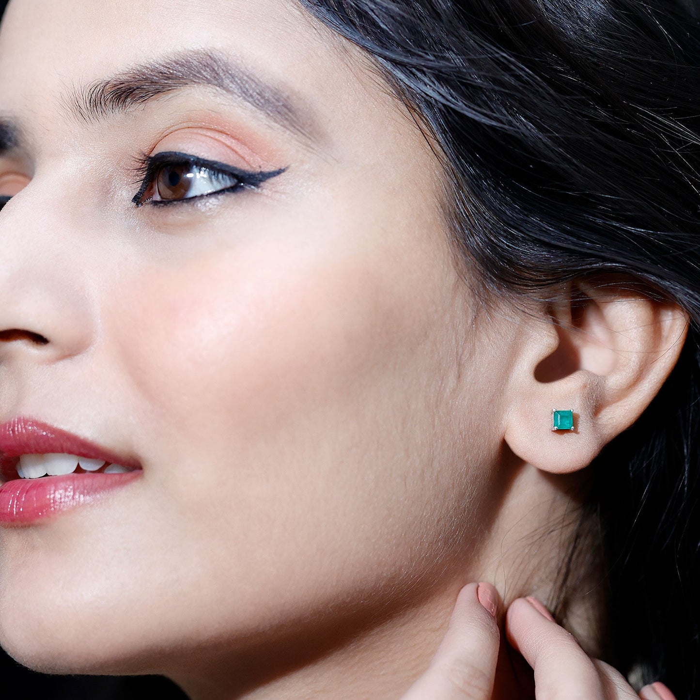 Princess Cut Natural Emerald Solitaire Stud Earrings