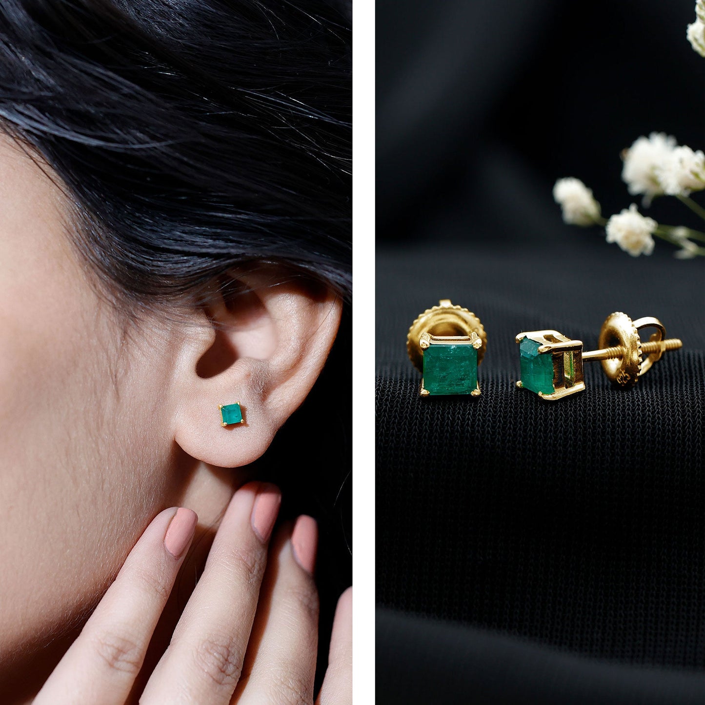 Princess Cut Natural Emerald Solitaire Stud Earrings