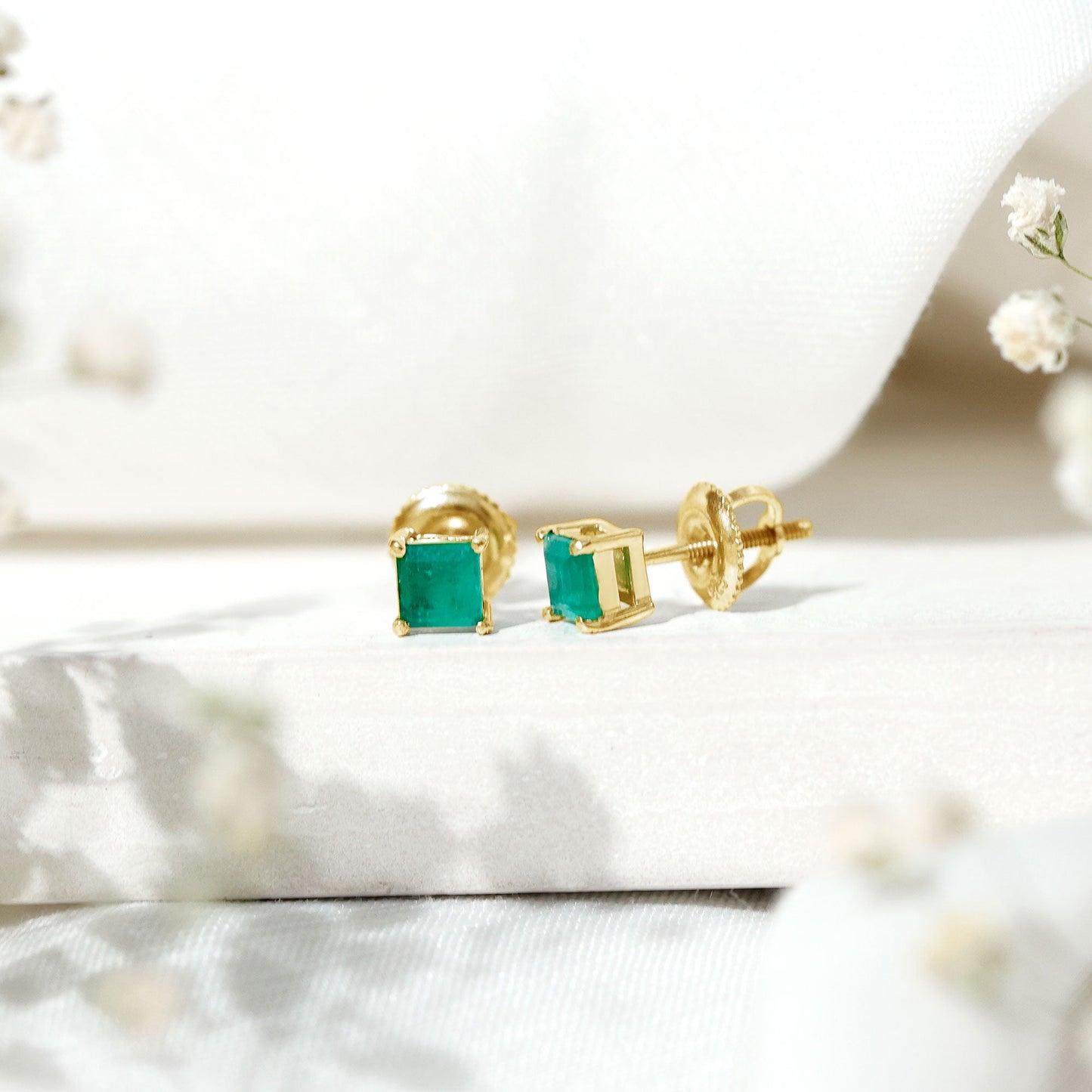 Princess Cut Natural Emerald Solitaire Stud Earrings