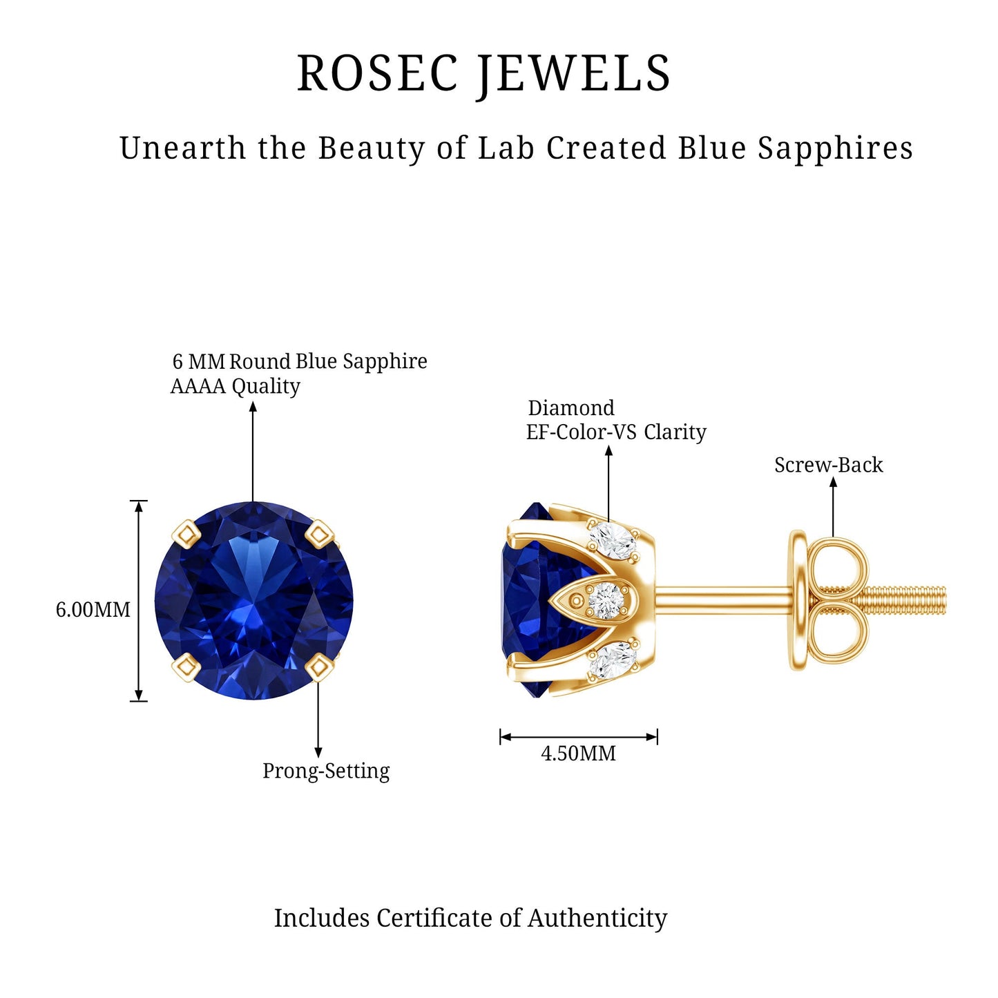 Lab Grown Blue Sapphire Vintage Stud Earrings with Certificate