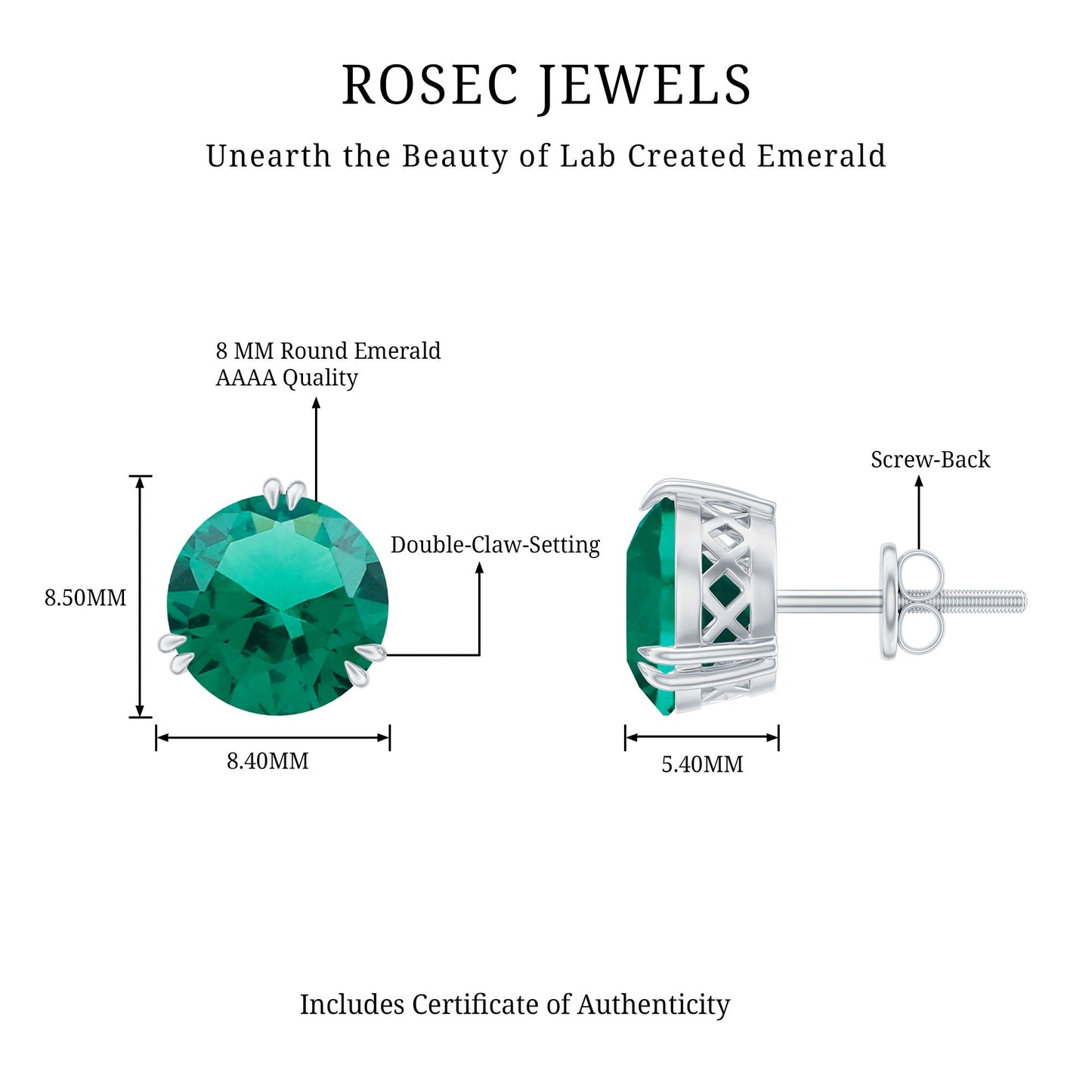 4.3 Carat Lab Created Emerald Solitaire Stud Earrings in Double Claw Setting