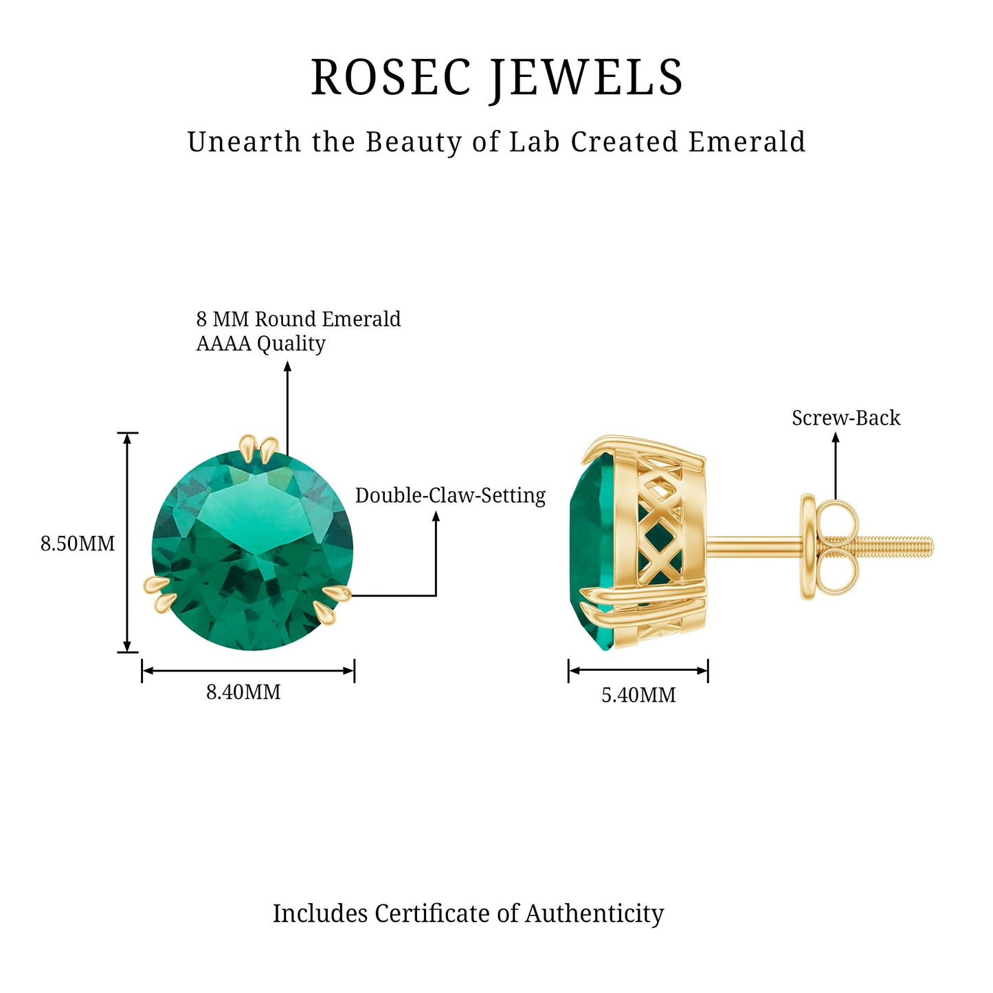 4.3 Carat Lab Created Emerald Solitaire Stud Earrings in Double Claw Setting