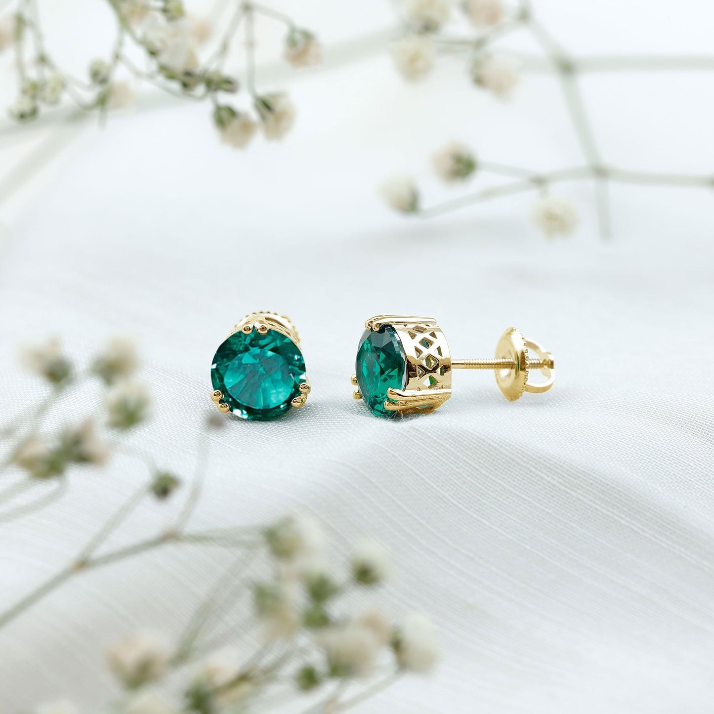 4.3 Carat Lab Created Emerald Solitaire Stud Earrings in Double Claw Setting
