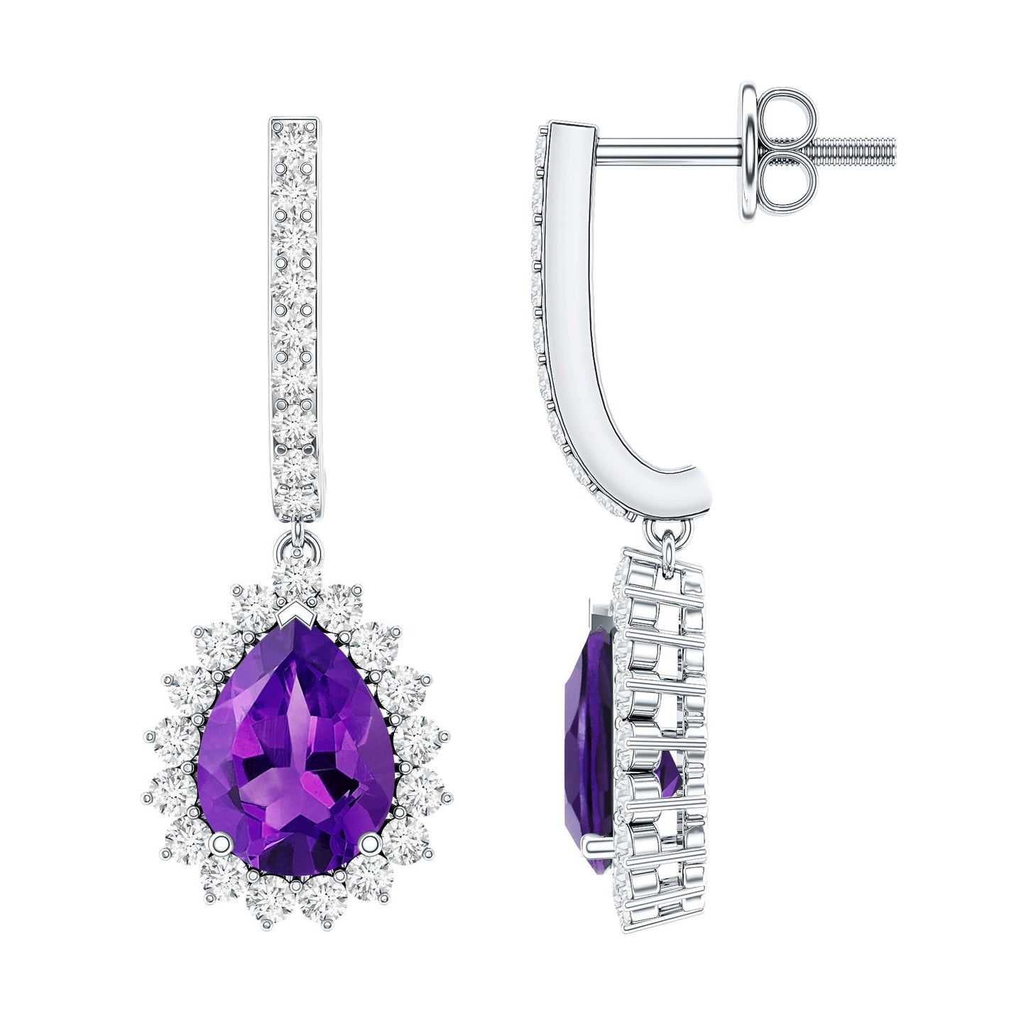 Natural Amethyst Bridal Earrings with Diamond Halo
