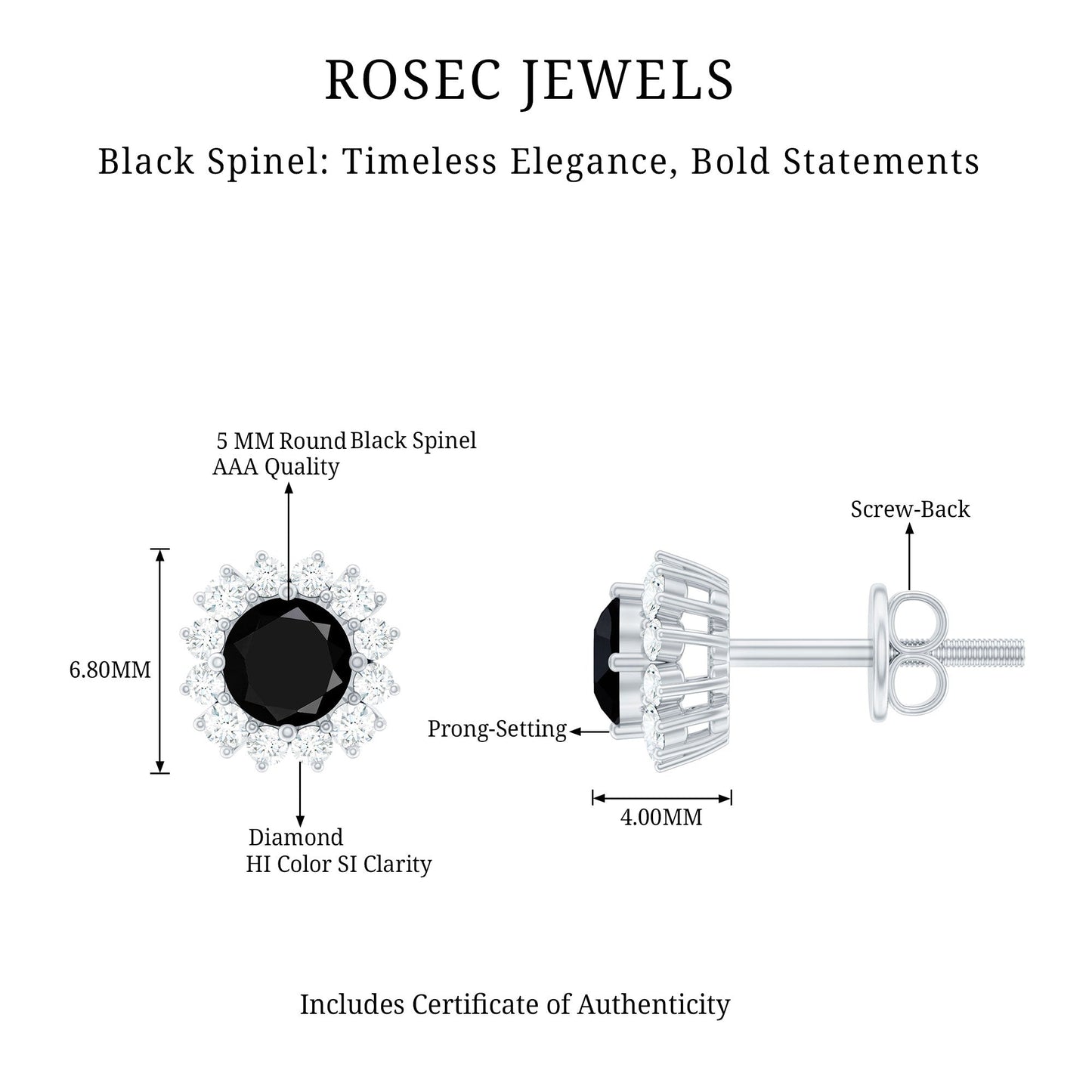 Certified Real Black Spinel Stud Earrings with Diamond Halo