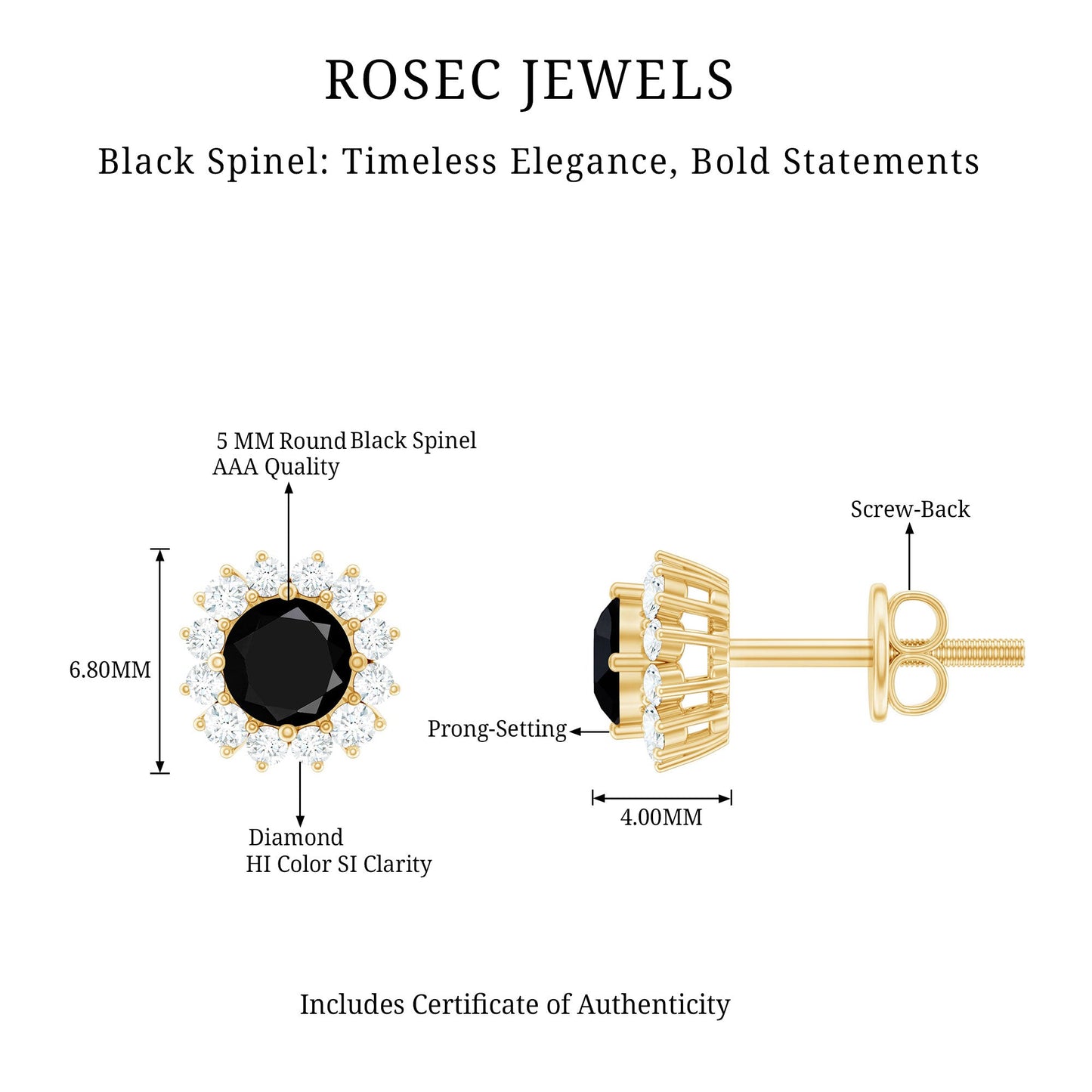 Certified Real Black Spinel Stud Earrings with Diamond Halo