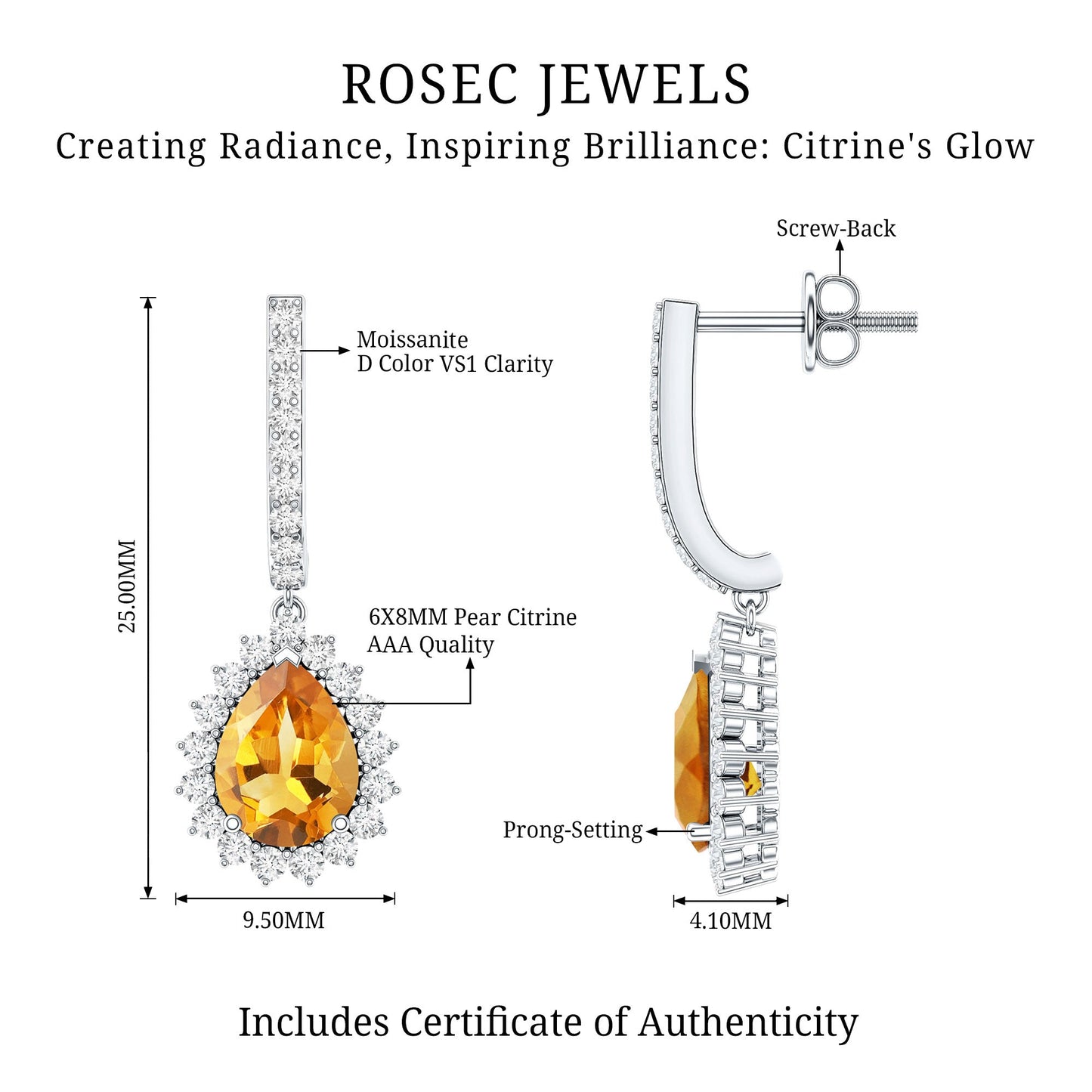 Genuine 2 Carat Pear Shape Citrine Drop Earrings with Moissanite