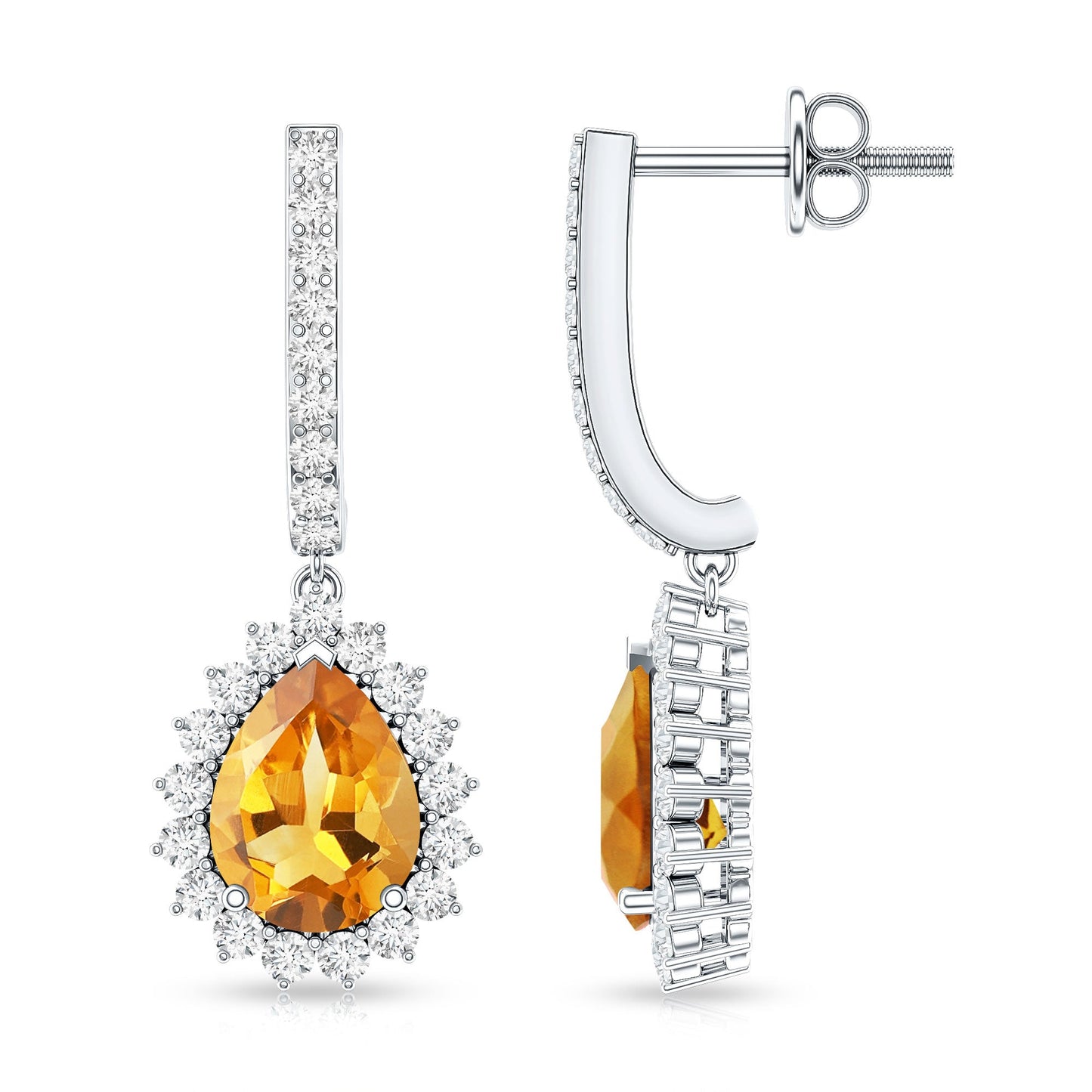 Genuine 2 Carat Pear Shape Citrine Drop Earrings with Moissanite